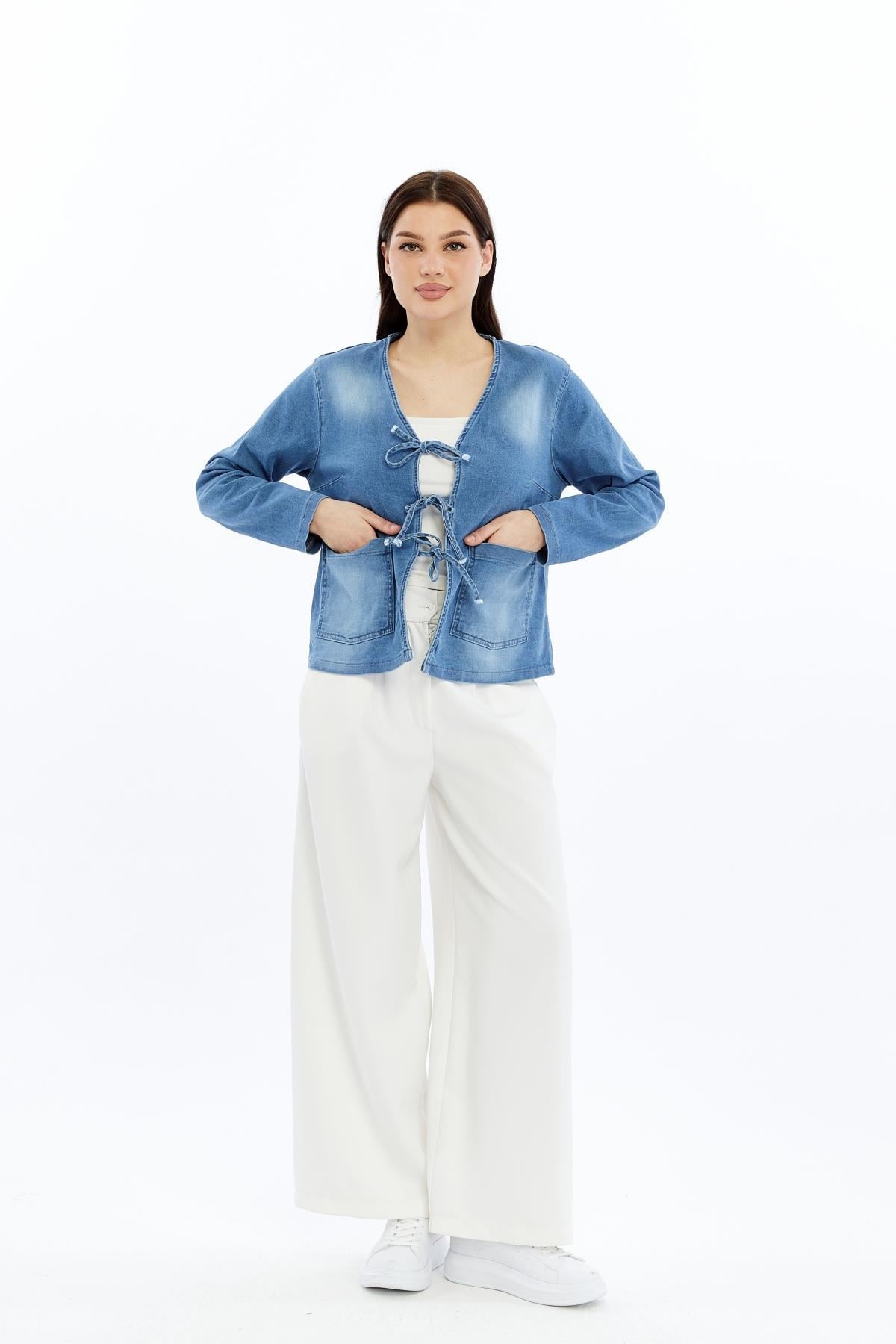 Kadın Denim V Yaka Önden Cepli Bağlama Detaylı Ceket/Hırka