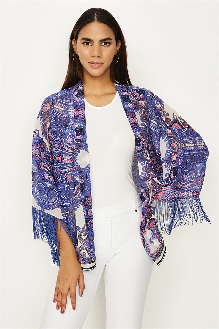 Kadın Desenli Püsküllü Kimono