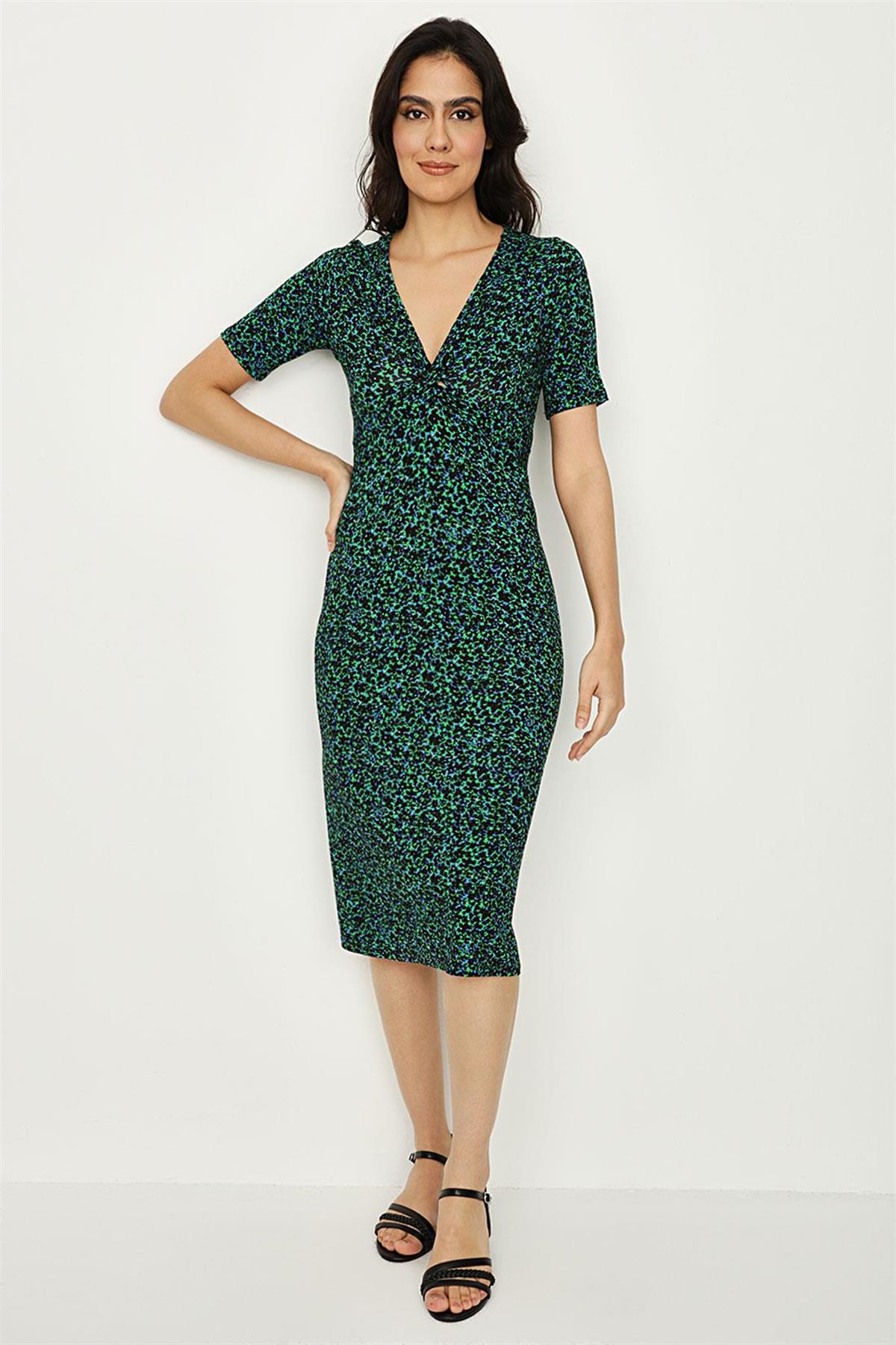 Kadın Desenli V Yaka Örme Midi Elbise
