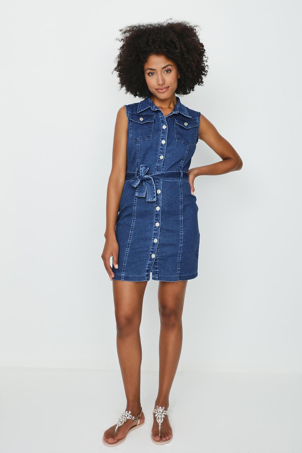Kadın Düğmeli Kemerli Denim Elbise · 103