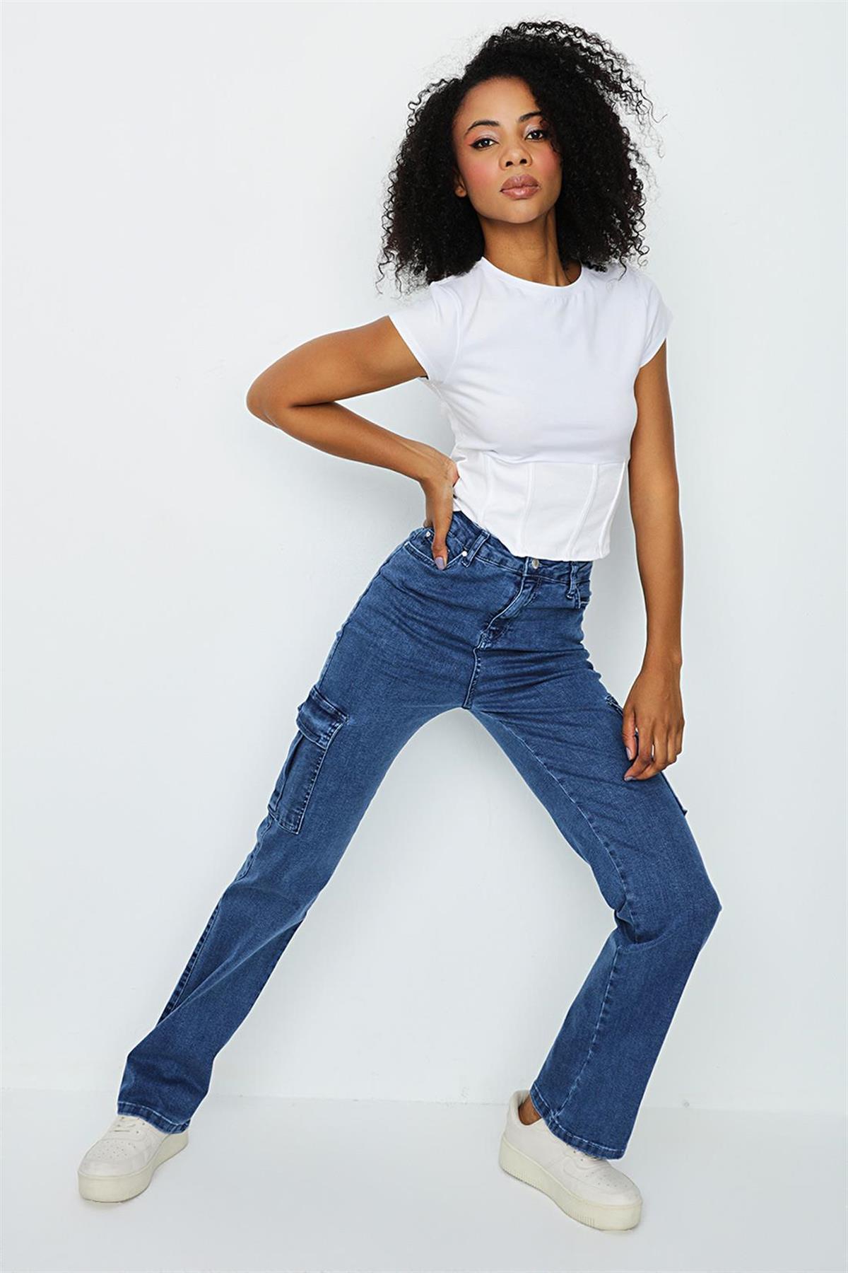 Kadın Kargo Cepli Geniş Paça Jeans