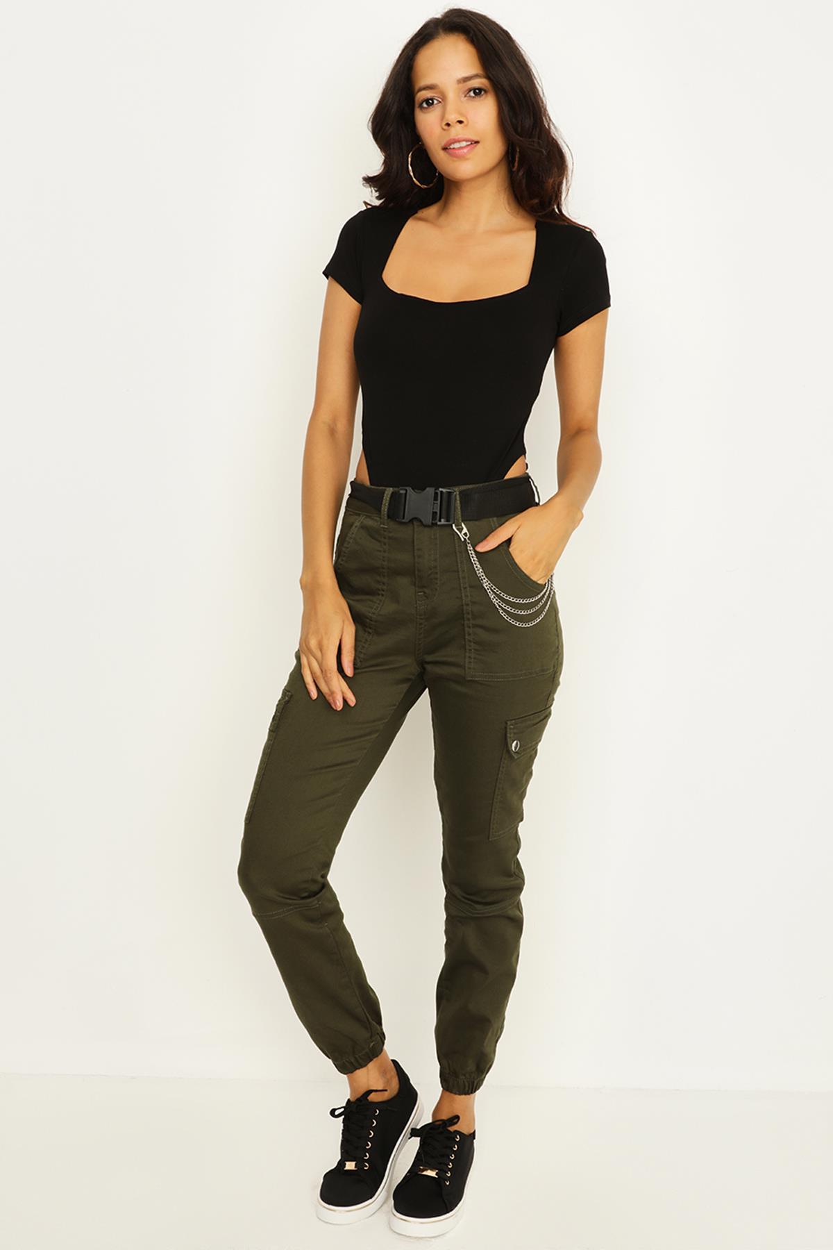 Kadın Kemerli Zincir Detaylı Paçası Lastikli Kargo Pantolon · 38