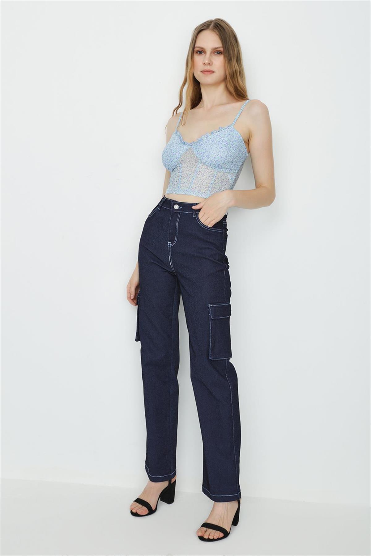 Kadın Kontrast Dikişli Kargo Cepli Yüksek Bel Wide Leg Denim Pantolon