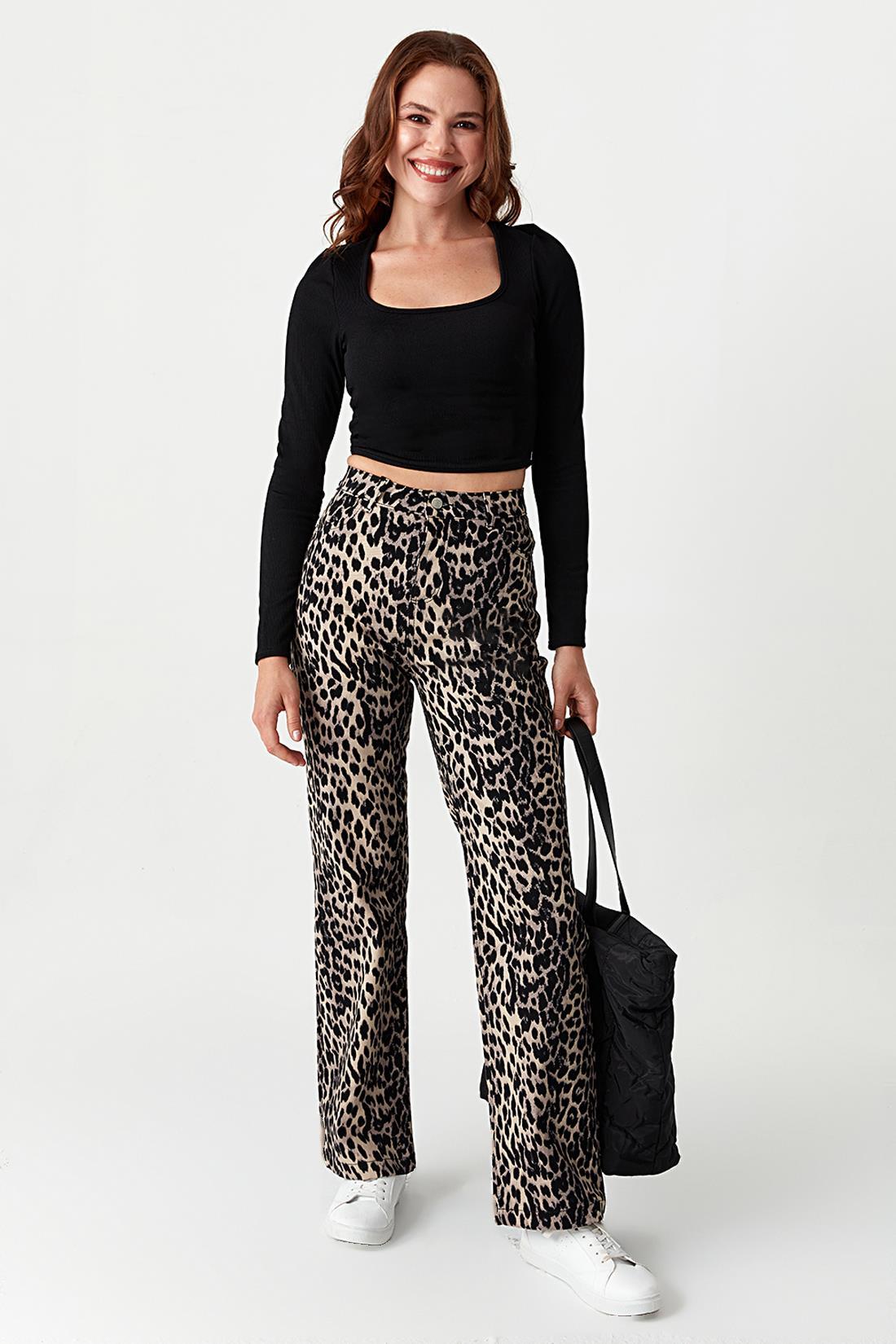 Kadın Leopar Desenli Straıght Jeans