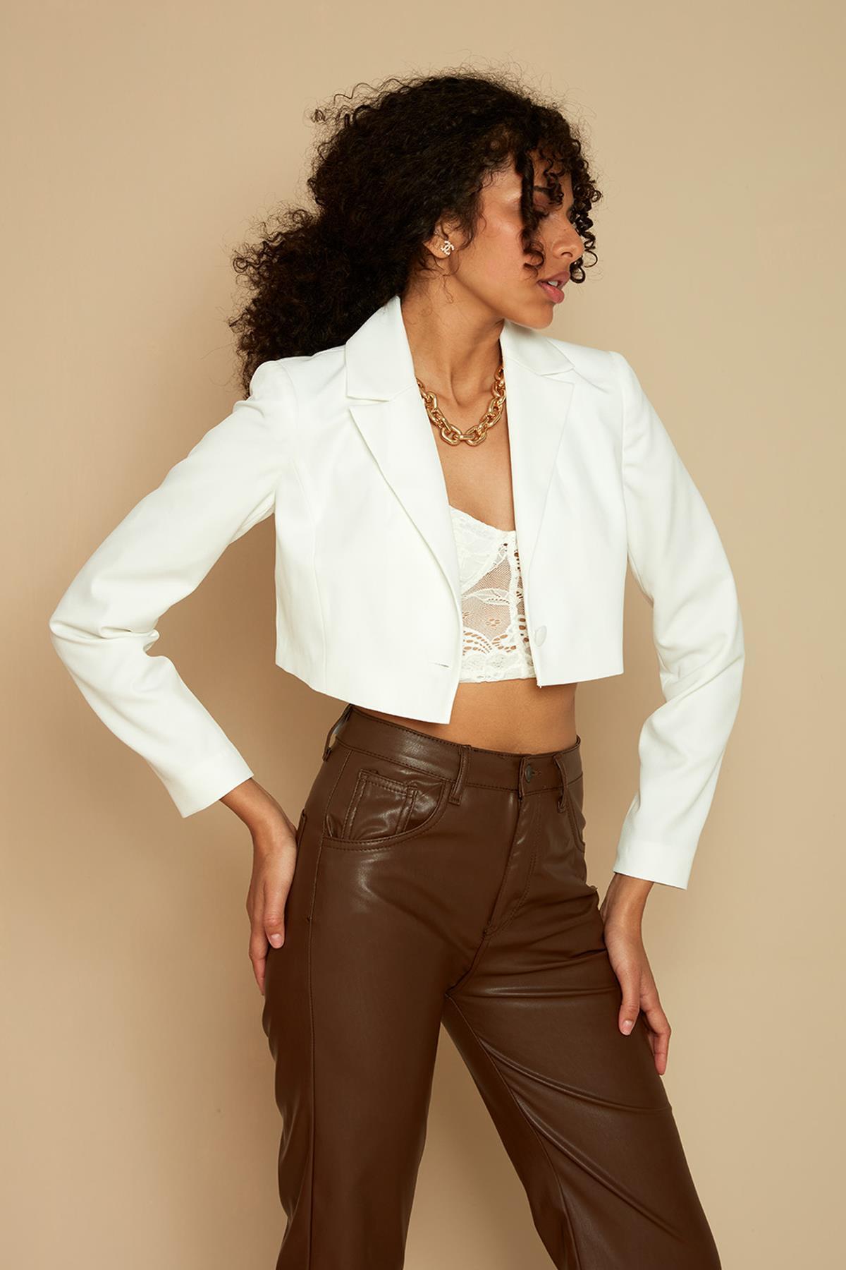 Kadın Tek Düğme Kapamalı Crop Blazer Ceket · 388