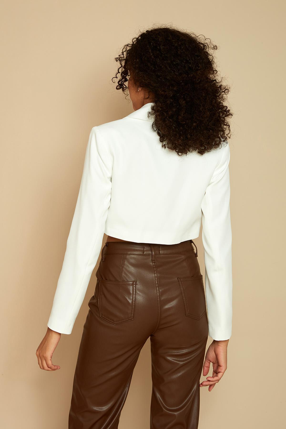 Kadın Tek Düğme Kapamalı Crop Blazer Ceket · 470
