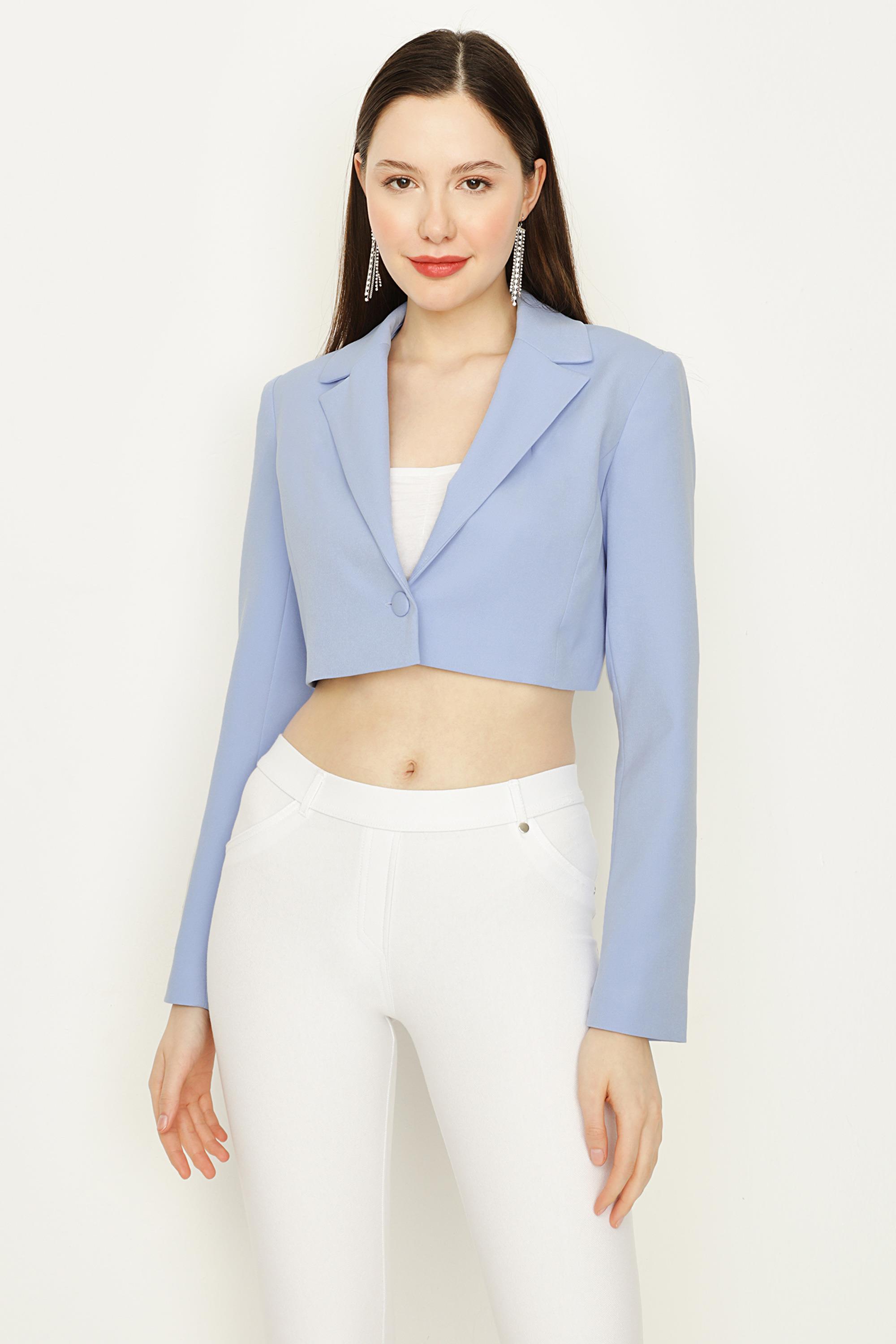 Kadın Tek Düğme Kapamalı Crop Blazer Ceket · 17