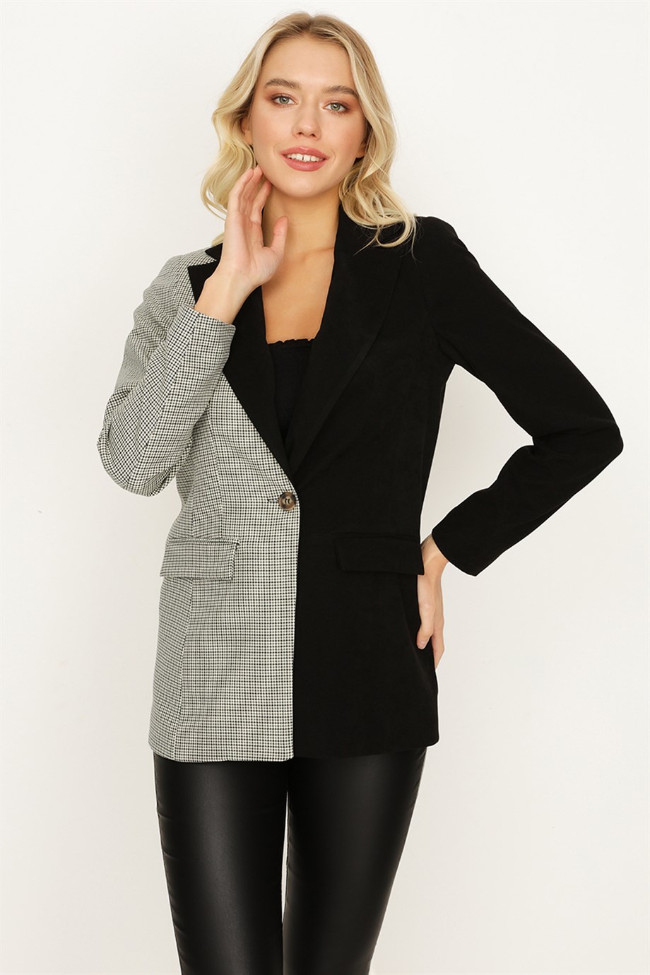 Select Moda Kadın Tek Düğmeli Ekose Desen Kontrast Blazer Ceket