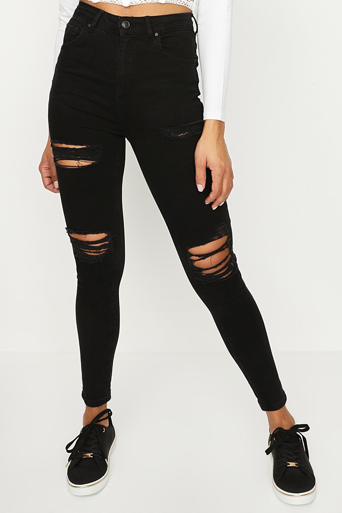 Kadın Yırtık Detaylı Yüksek Bel Skinny Jeans · 199