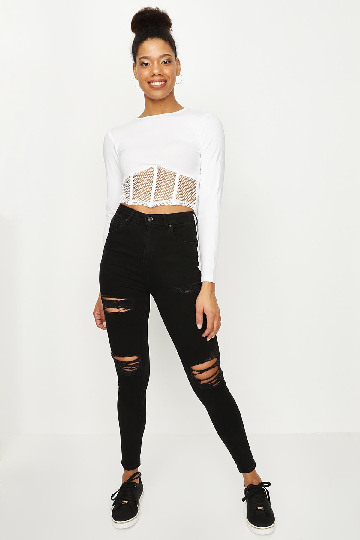 Kadın Yırtık Detaylı Yüksek Bel Skinny Jeans · 326