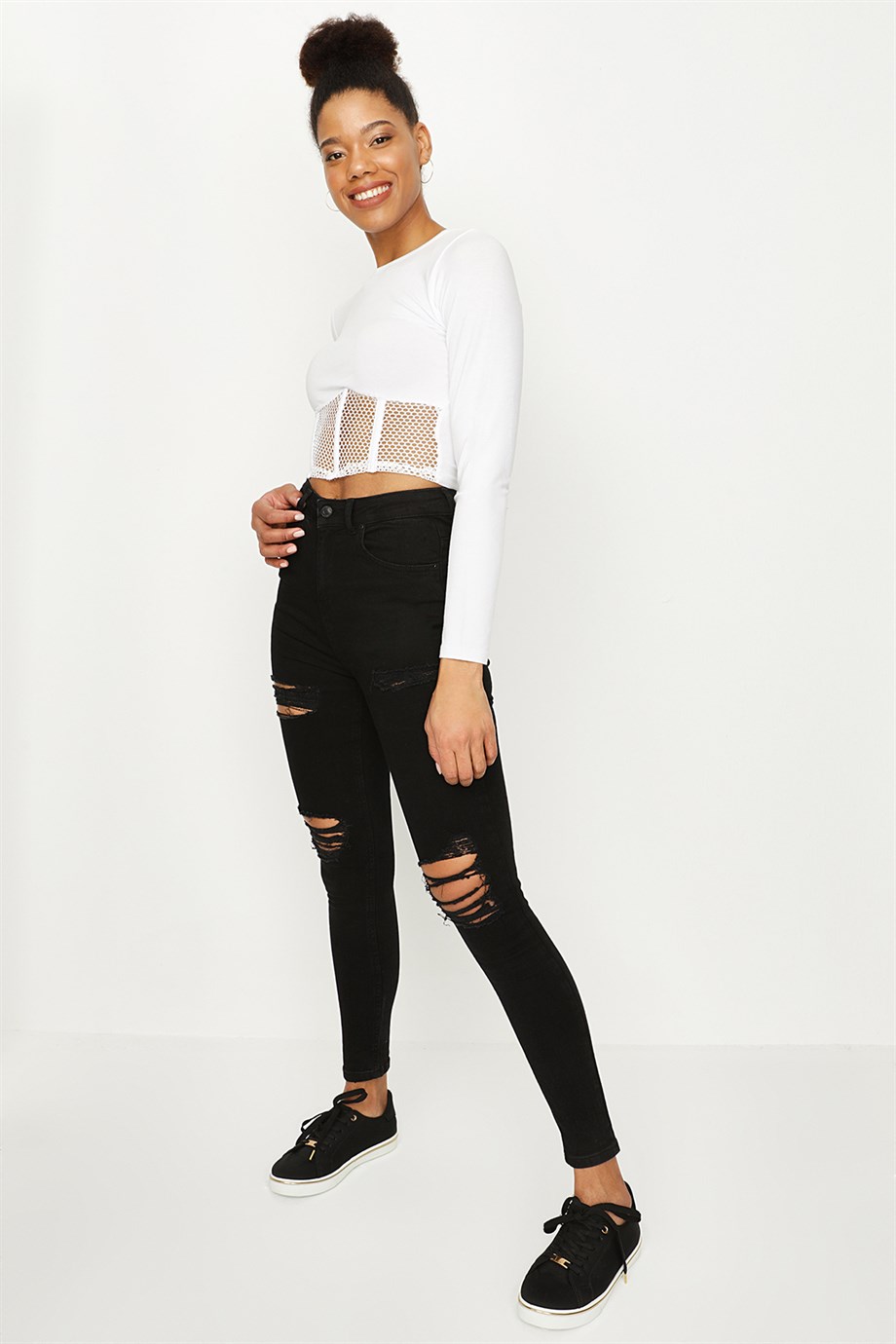 Kadın Yırtık Detaylı Yüksek Bel Skinny Jeans · 349
