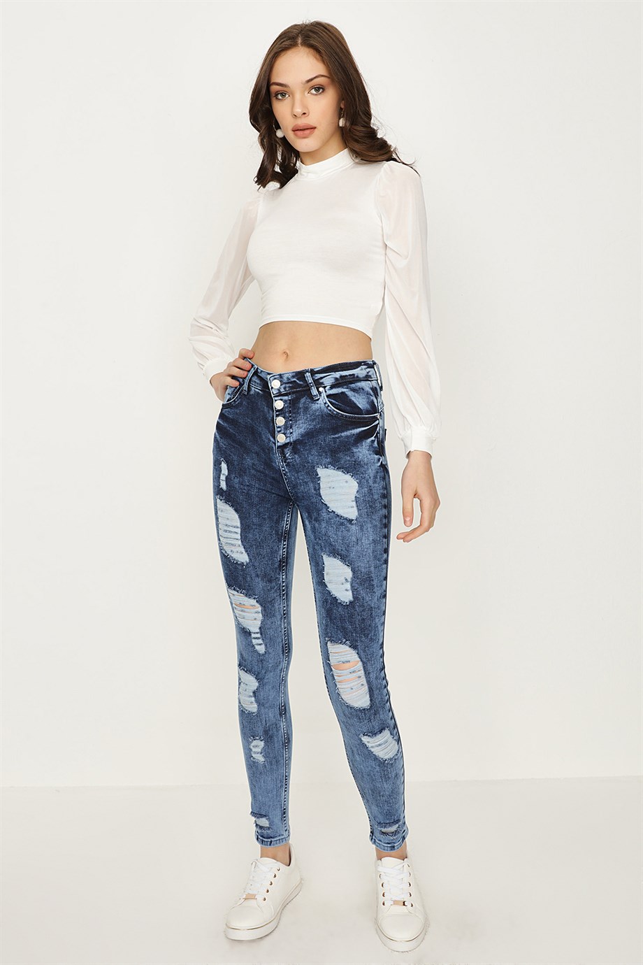 Kadın Yırtık Detaylı Yüksek Bel Skinny Jeans