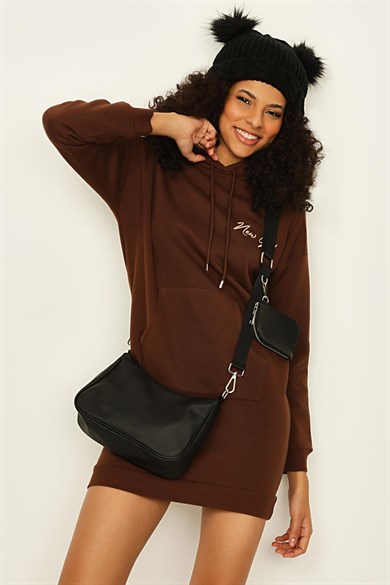 Kadın Çikolata Kahve Kapüşonlu Sweat Elbise