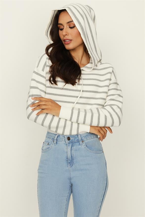 Kadın Çizgili Kapüşonlu Crop Triko