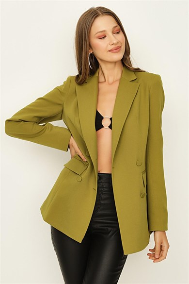 Kadın Yeşil Düğmeli Kruvaze Blazer Ceket