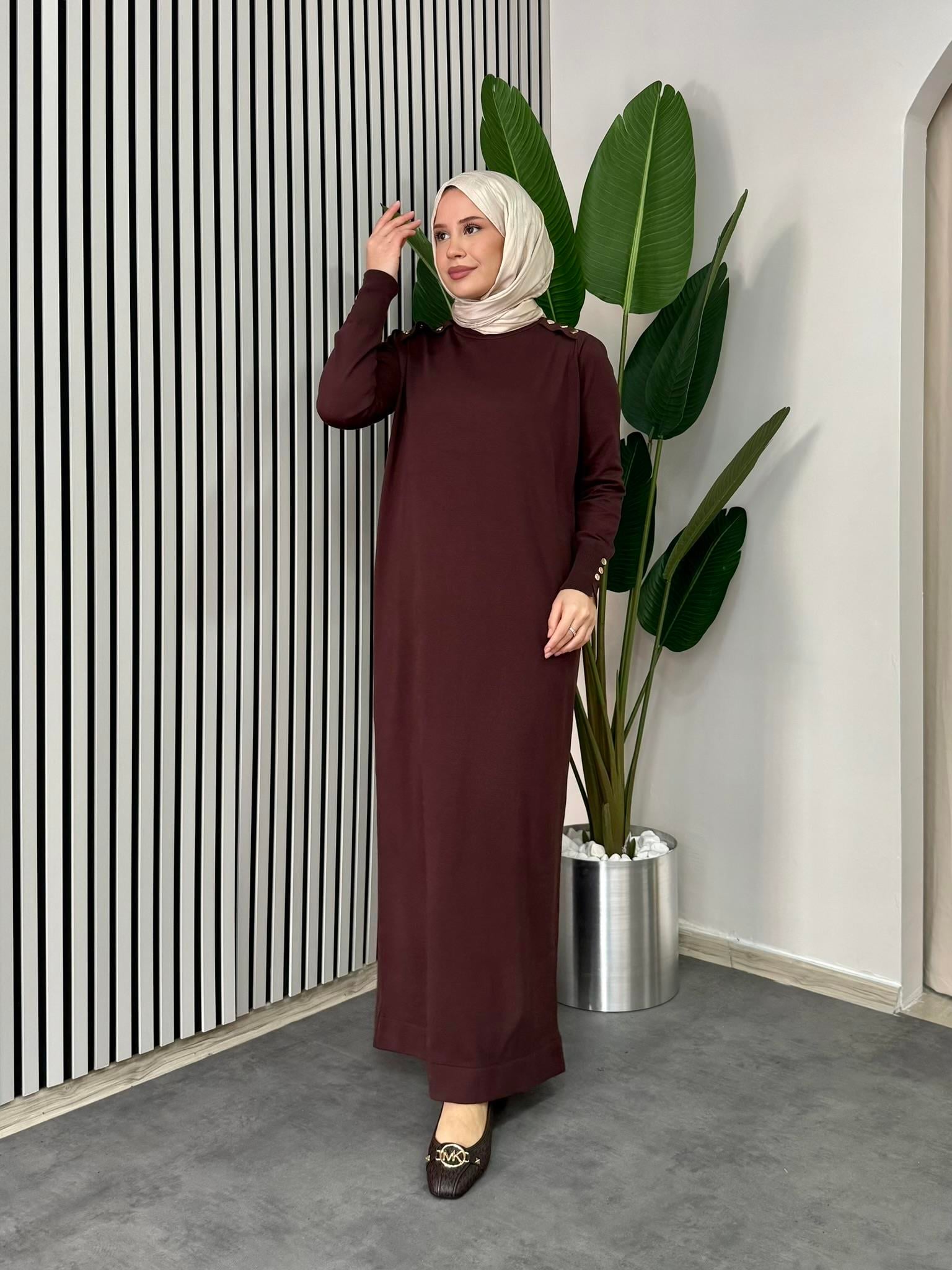 Düğmeli Triko Elbise - Kahve