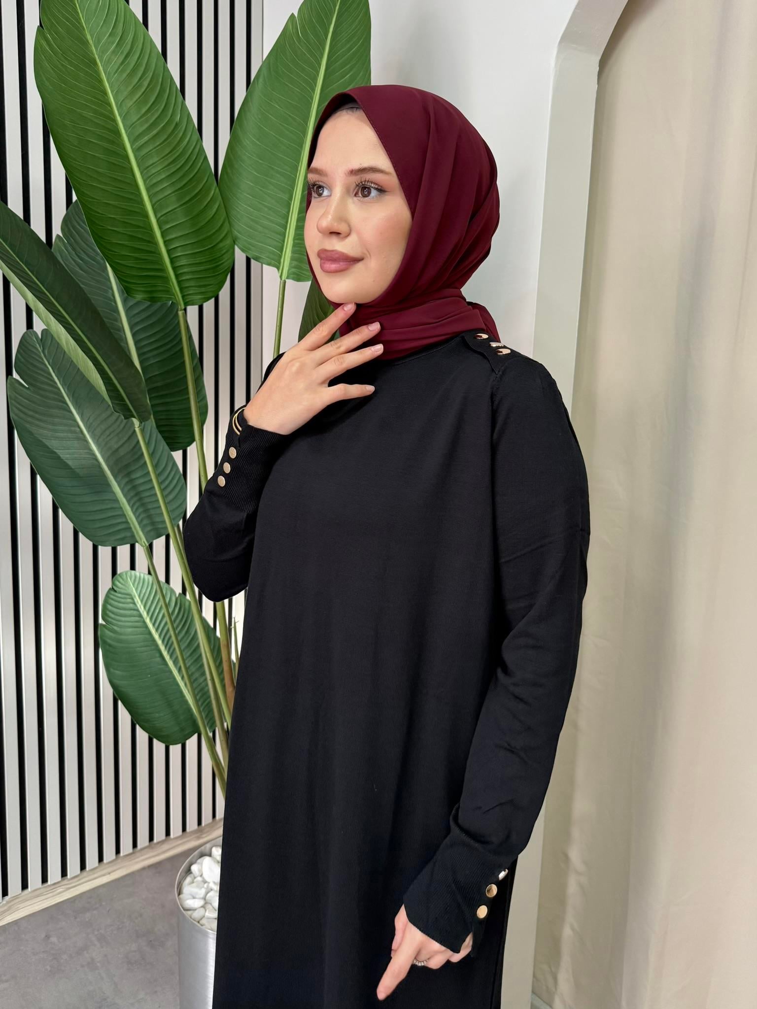 Düğmeli Triko Elbise - Siyah