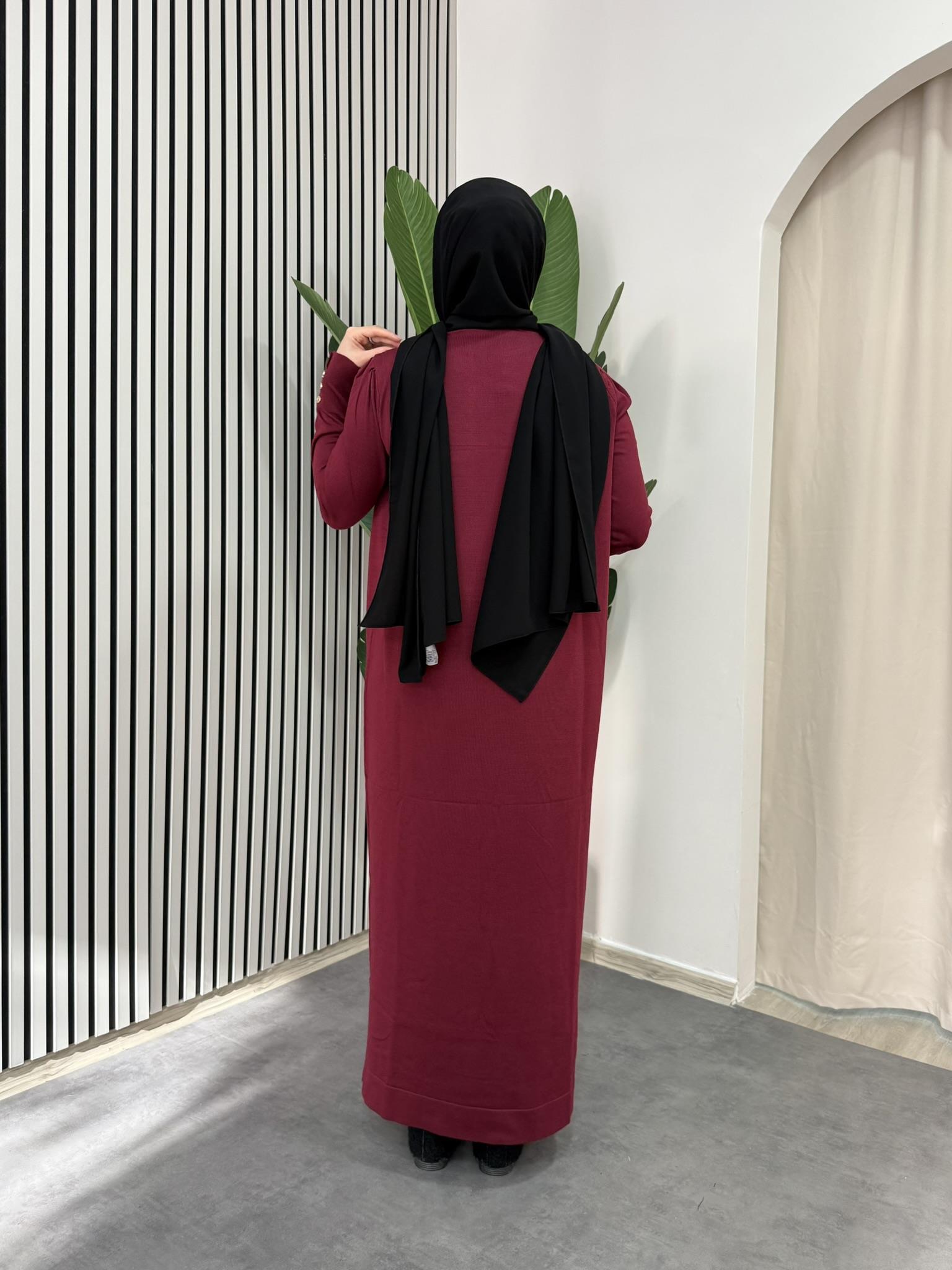 Düğmeli Triko Elbise - Bordo