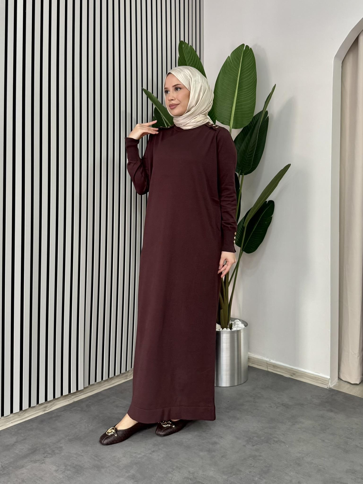 Düğmeli Triko Elbise - Kahve