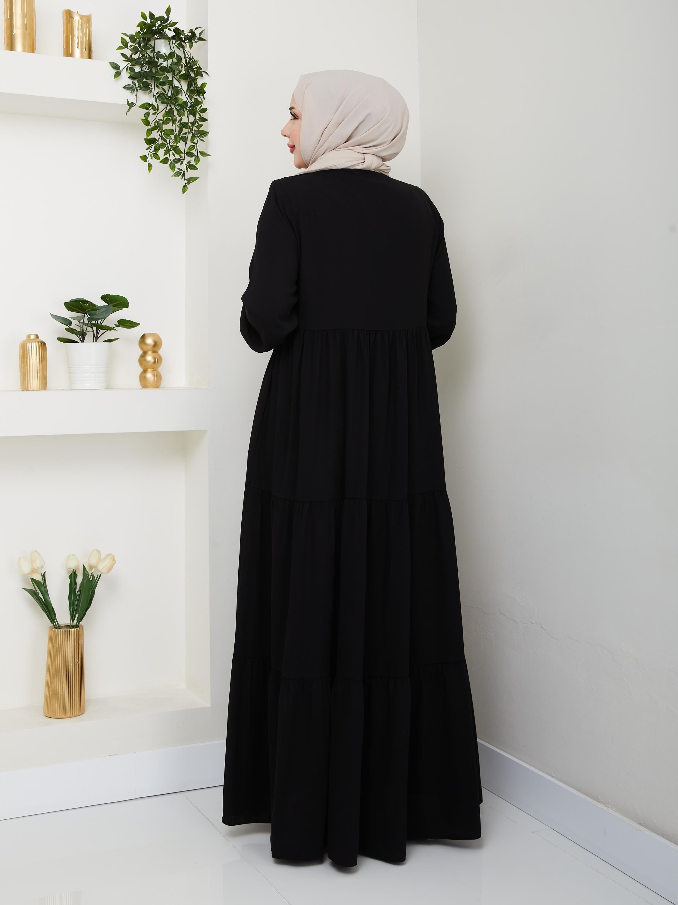 Kat Kat Büzgülü Ferace - Siyah