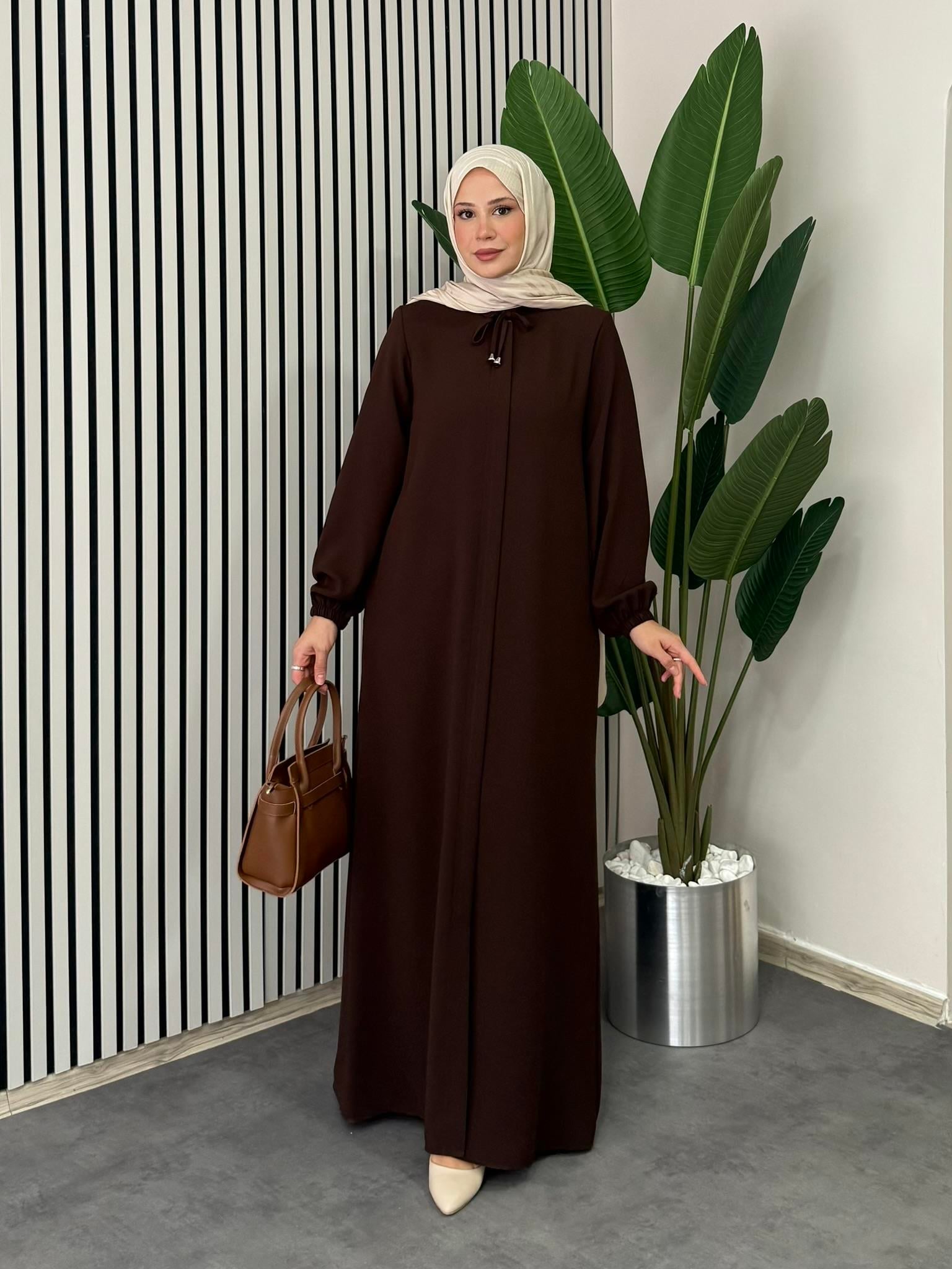 Yakası Bağcıklı Ferace - Kahve