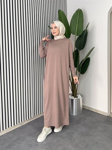 Düğmeli Triko Elbise - Sütlü Kahve