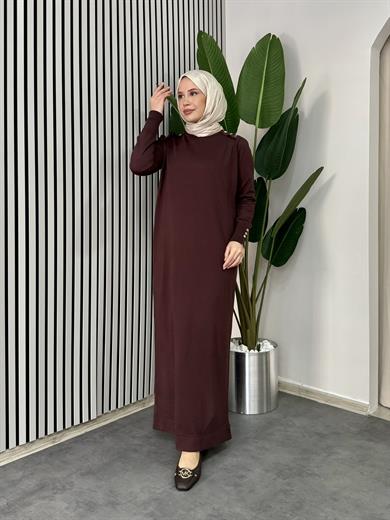 Düğmeli Triko Elbise - Kahve