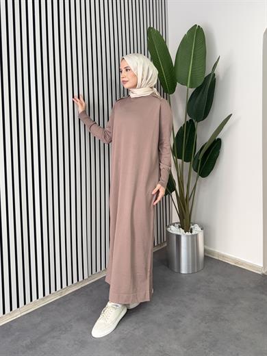 Düğmeli Triko Elbise - Sütlü Kahve