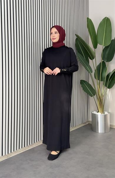 Düğmeli Triko Elbise - Siyah