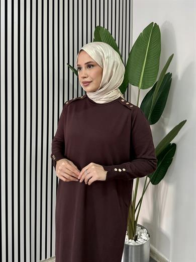 Düğmeli Triko Elbise - Kahve