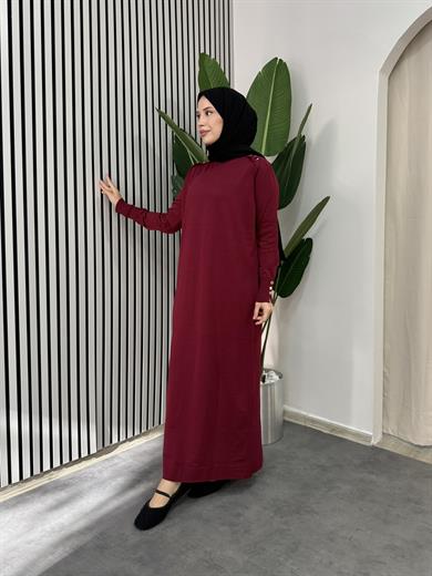 Düğmeli Triko Elbise - Bordo