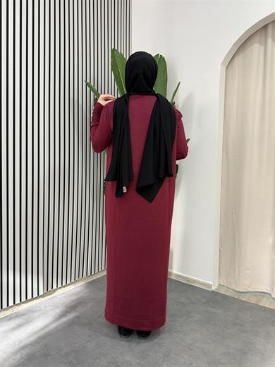 Düğmeli Triko Elbise - Bordo