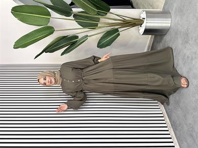 Pamuklu Düğmeli Elbise - Haki