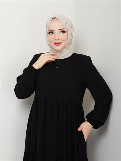 Kat Kat Büzgülü Ferace - Siyah