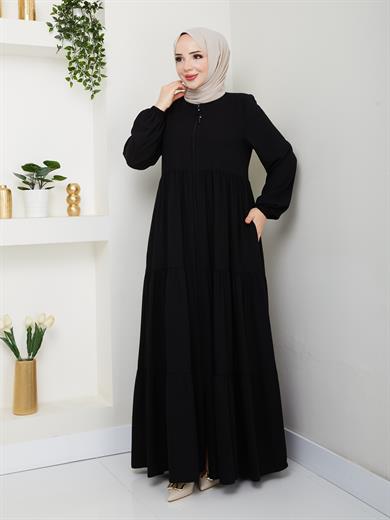Kat Kat Büzgülü Ferace - Siyah
