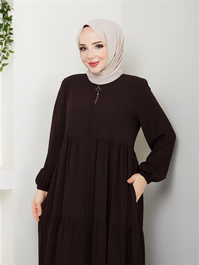 Kat Kat Büzgülü Ferace - Kahve