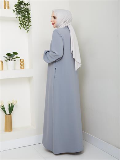 Yakası Bağcıklı Ferace - Açık Gri