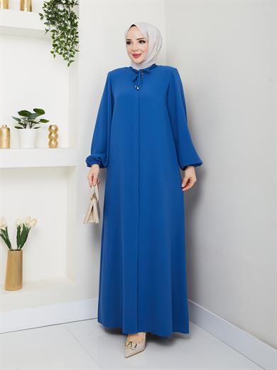 Yakası Bağcıklı Ferace - İndigo