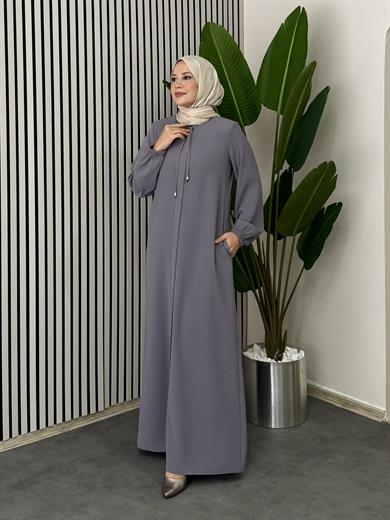 Yakası Bağcıklı Ferace - Gri