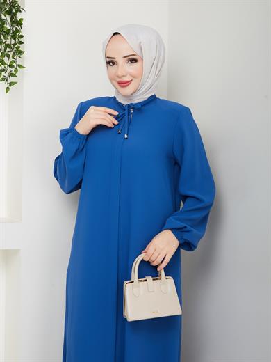 Yakası Bağcıklı Ferace - İndigo