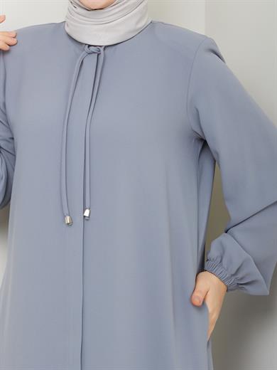 Yakası Bağcıklı Ferace - Açık Gri