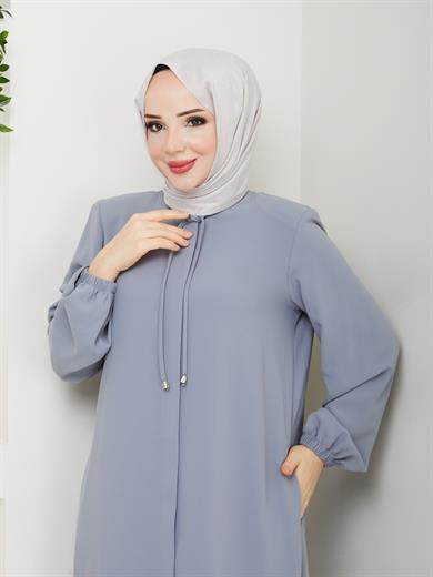 Yakası Bağcıklı Ferace - Açık Gri