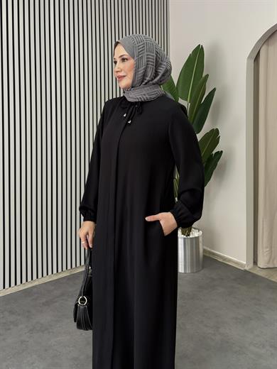Yakası Bağcıklı Ferace - Siyah