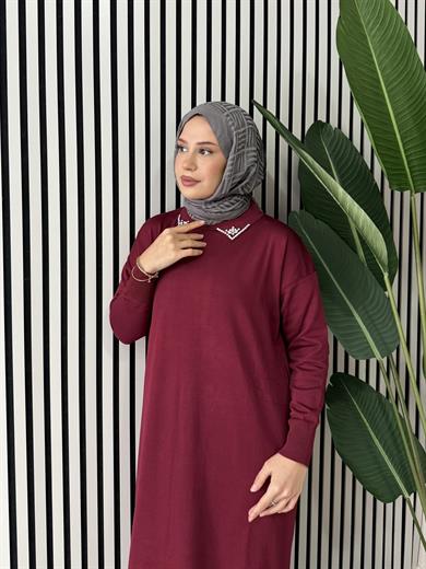 Yakası Taşlı Triko Elbise - Bordo