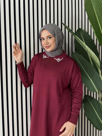 Yakası Taşlı Triko Elbise - Bordo