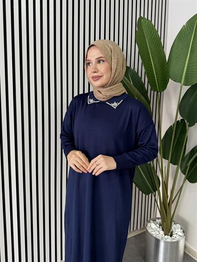 Yakası Taşlı Triko Elbise - Lacivert