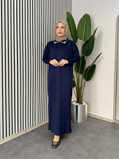 Yakası Taşlı Triko Elbise - Lacivert