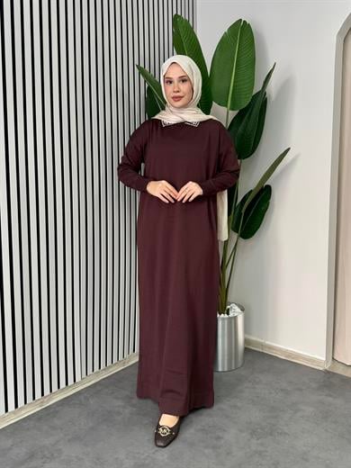 Yakası Taşlı Triko Elbise - Kahverengi