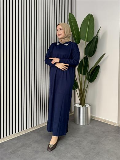 Yakası Taşlı Triko Elbise - Lacivert