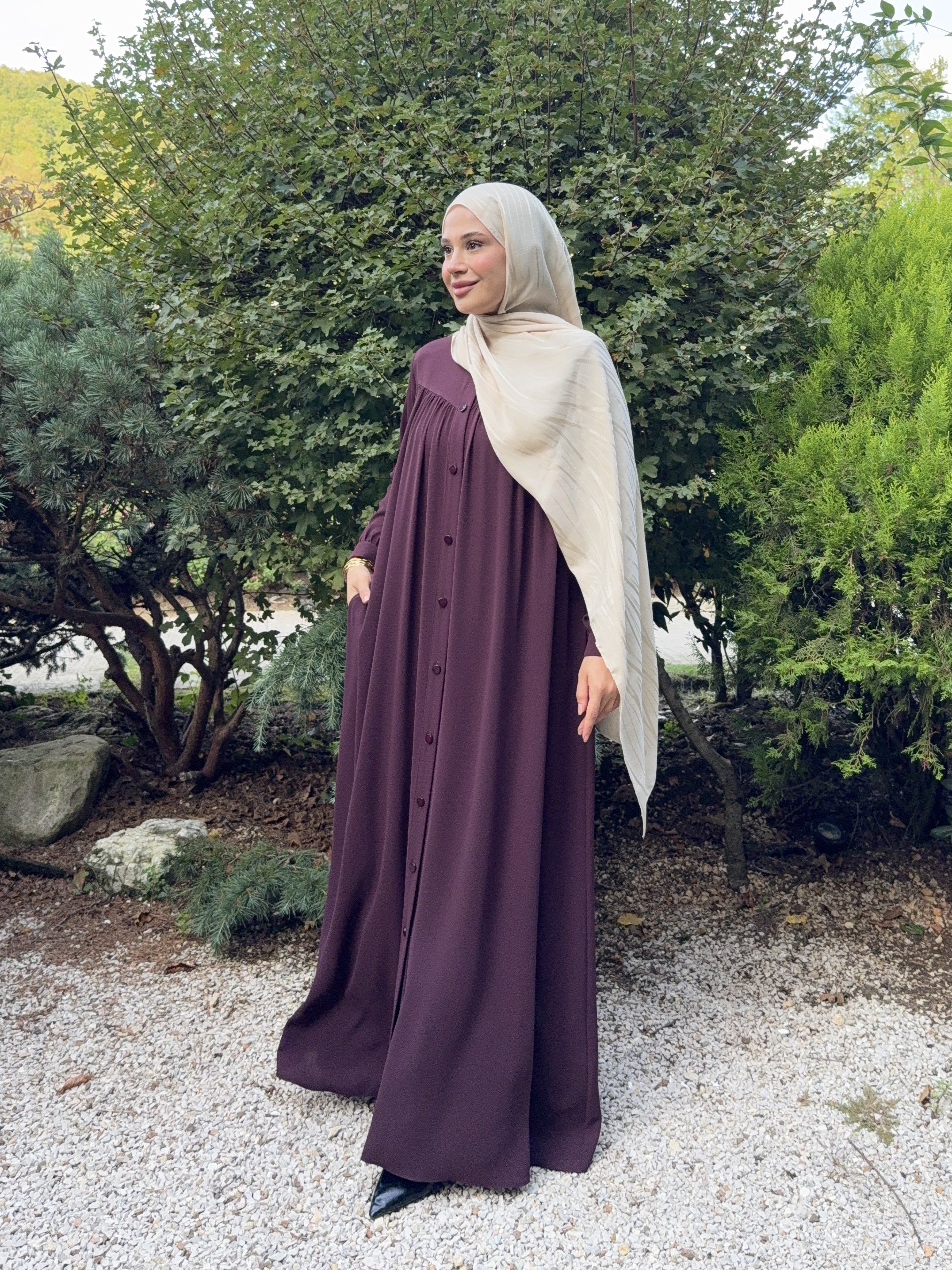 Düğmeli Robalı Ferace - Vişne